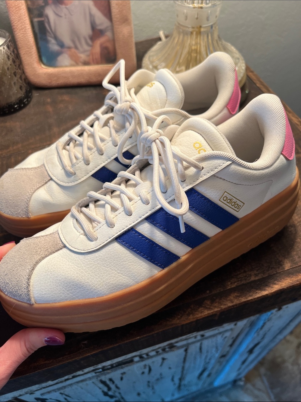 adidas Women’s White Sneakers with Blue Stripes and Gum Sole
